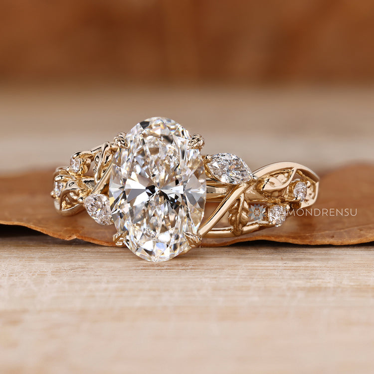 Lab grown oval diamond ring nature inspired style.