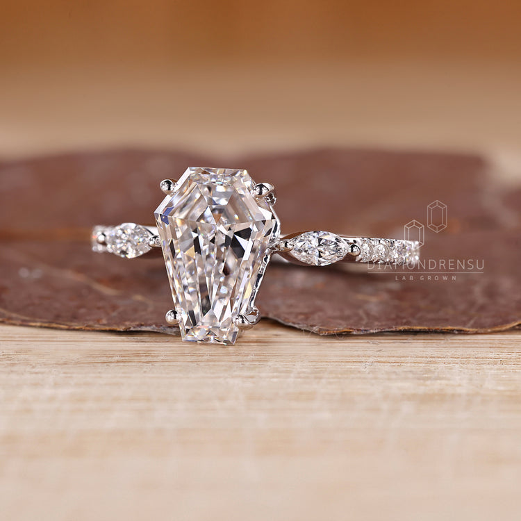 Lab grown coffin diamond ring pave style.
