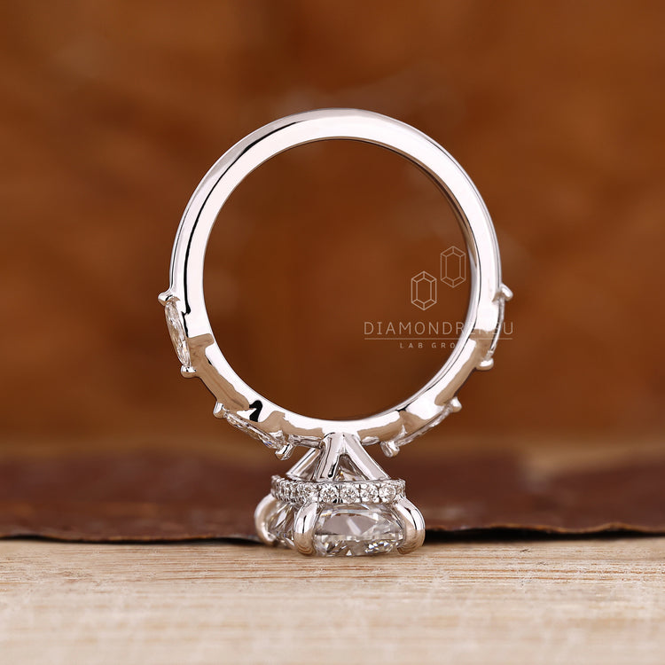 Lab grown cushion diamond ring hidden halo pave.
