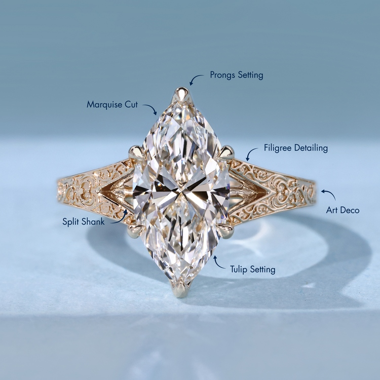Marquise ring with split shank cathedral setting.