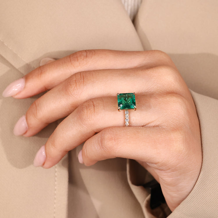 Asscher cut emerald ring handmade pave design.
