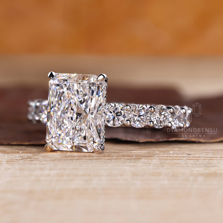 3.50 CT radiant cut lab diamond ring with hidden halo.
