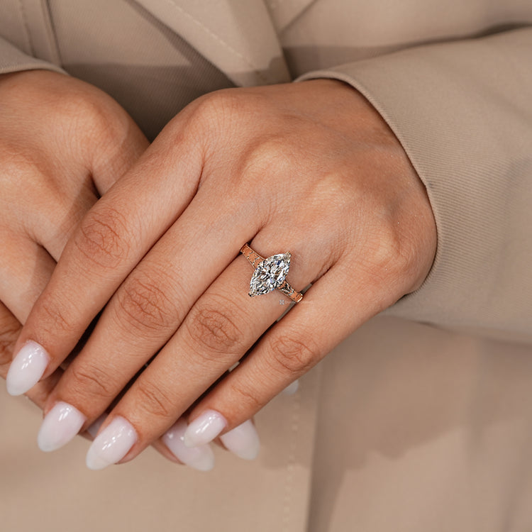 Handmade marquise diamond ring with vintage details.