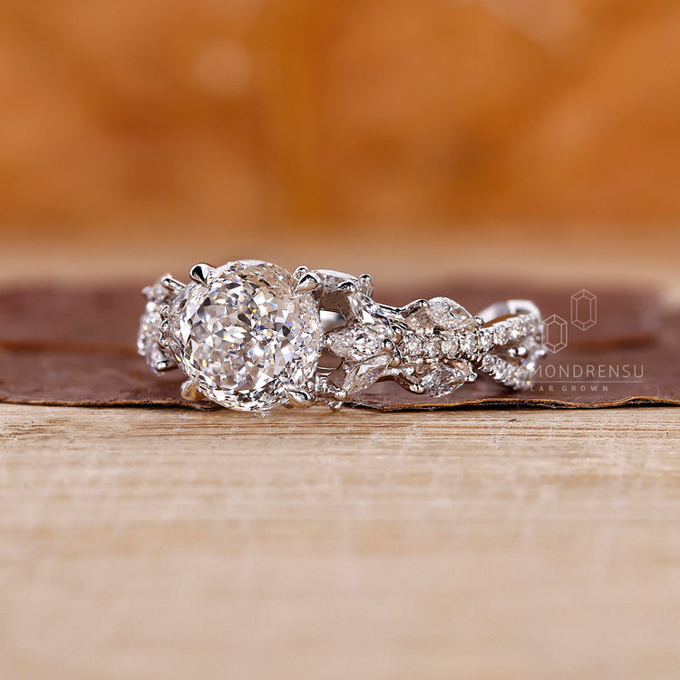 Lab grown Portuguese diamond ring twisted pave style.