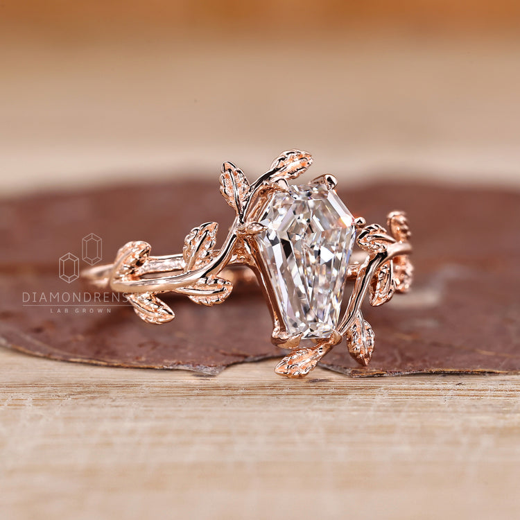 Nature inspired coffin diamond ring solitaire.