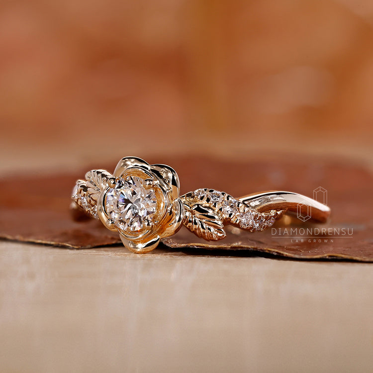 Lab grown round diamond ring nature style.