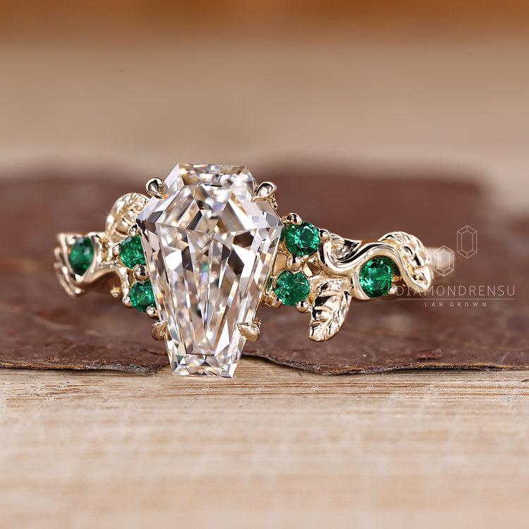 Lab grown coffin diamond ring nature style.
