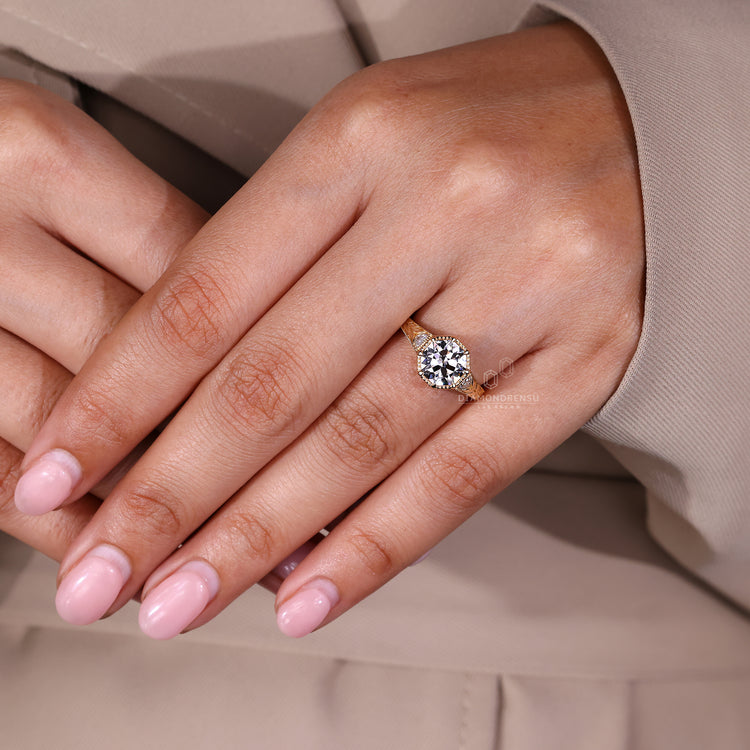Trillion cut side stones Octagon Old European Cut three stone ring.
