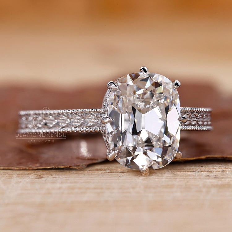 Handmade Cushion Old Mine Cut Lab Grown Diamond ring.
