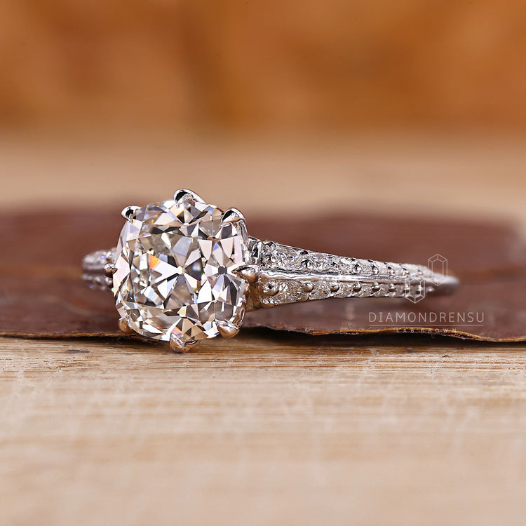 Cushion Old Mine Cut Ring eight claw prong setting.