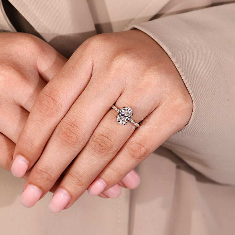 Lab grown diamond oval hidden halo ring style.
