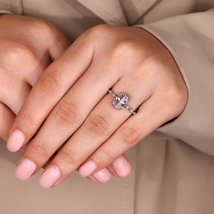 Lab grown diamond oval rose cut ring with pave detail.
