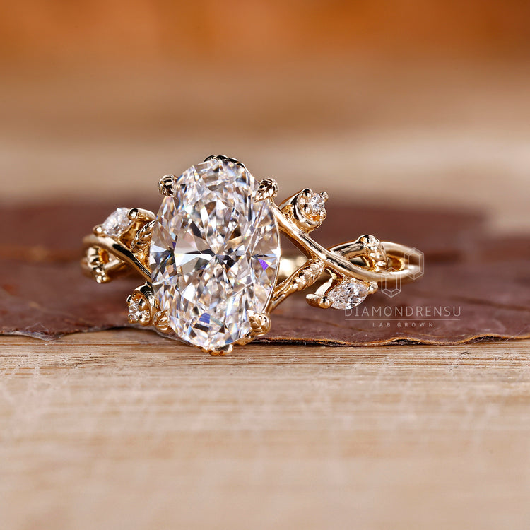 Lab grown oval diamond ring cluster nature style.
