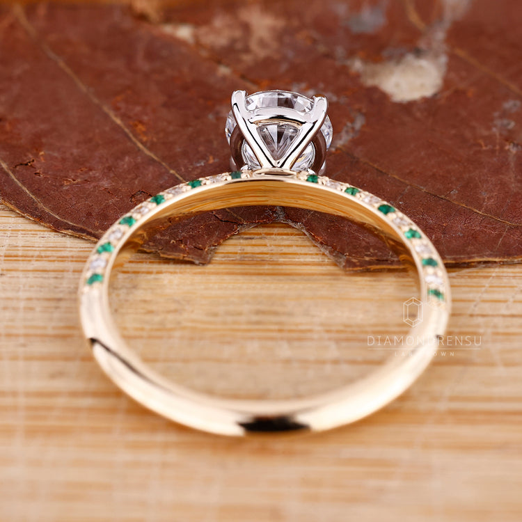 Round cut eternity ring with handcrafted finish.

