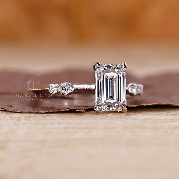 Knife edge shank ring fits emerald cut engagement ring.

