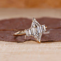 Hexagon step cut engagement ring fits v prong setting.
