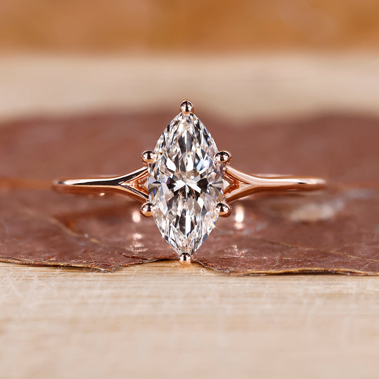 Rose gold engagement ring with marquise cut ring.
