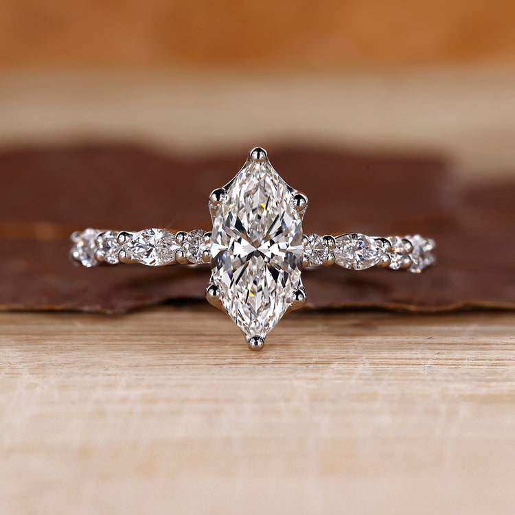 Marquise cut engagement ring in white gold.
