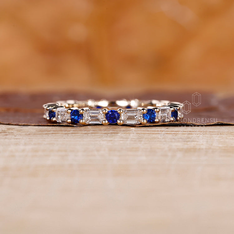 Round sapphire wedding band in full eternity style.