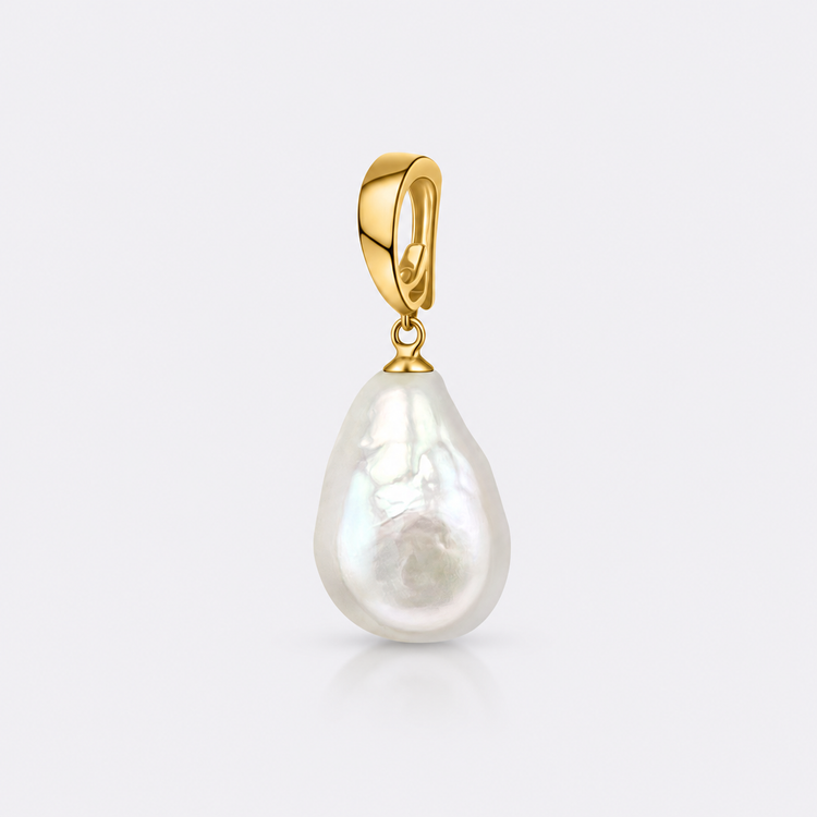 13-14mm white baroque freshwater pearl on 9k yellow gold enhancer