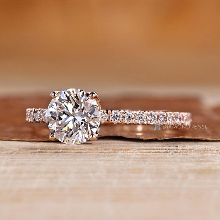 Lab grown round diamond ring with pave style.