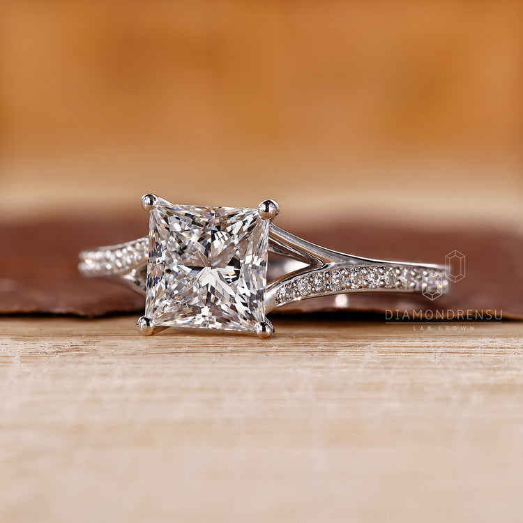Lab grown princess diamond ring pave split shank.
