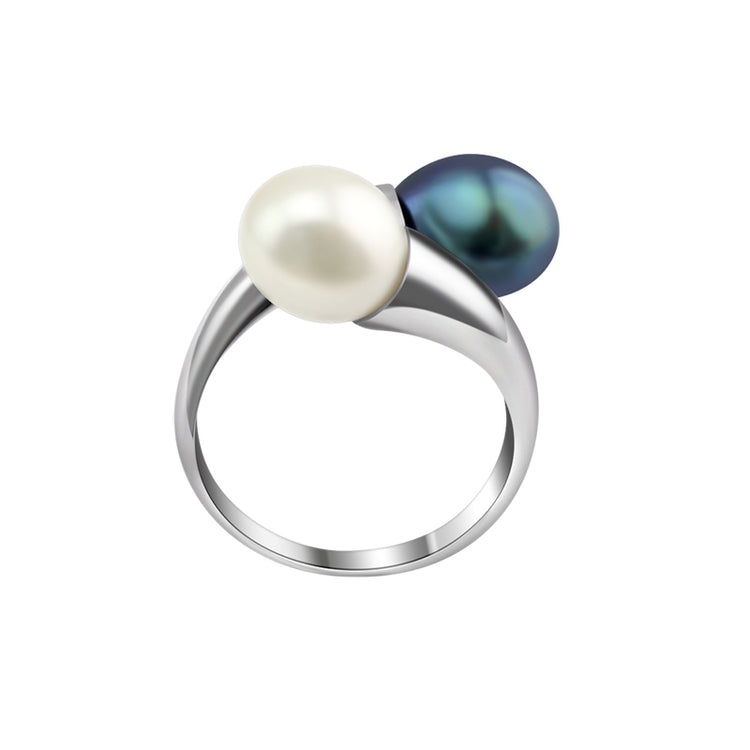 8mm black and white drop freshwater pearl ring in sterling silver