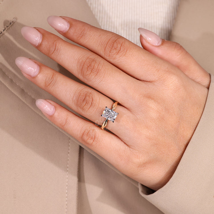 Lab grown diamond radiant cut solitaire ring.
