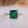 Asscher cut emerald gemstone ring pave four claw prong.
