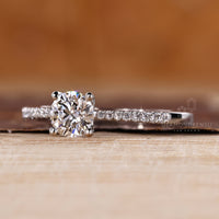 Lab grown round diamond ring pave tapered shank.
