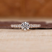 Round diamond ring with pave setting and four claw prong design.
