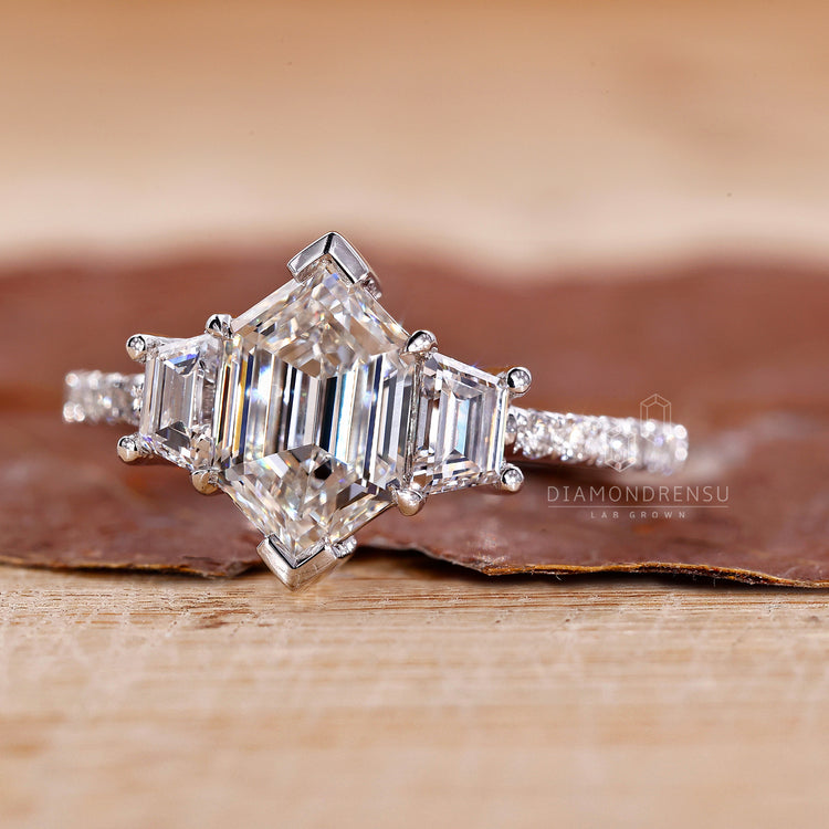 Three stone hexagon diamond ring handmade by Diamondrensu AU