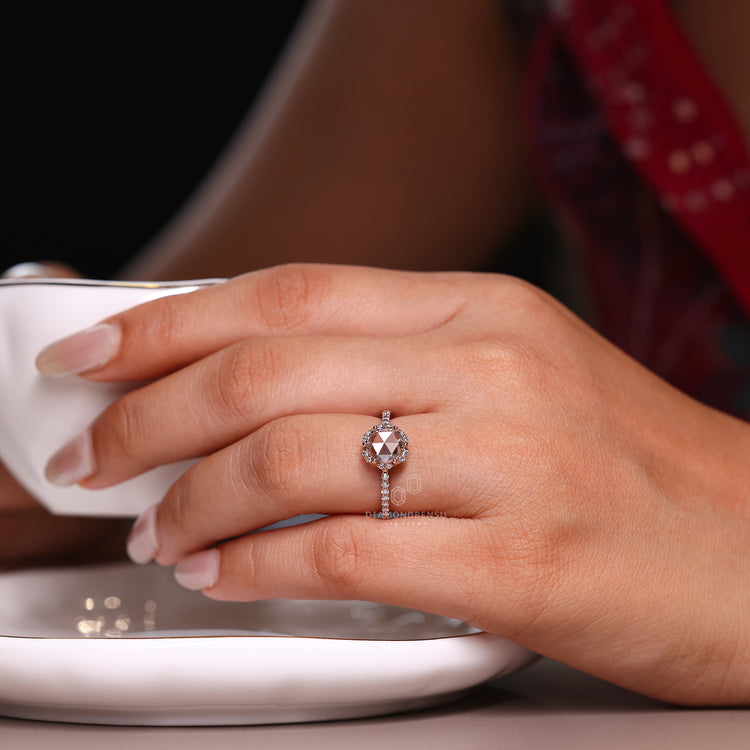 Lab grown round rose cut ring with pave band.
