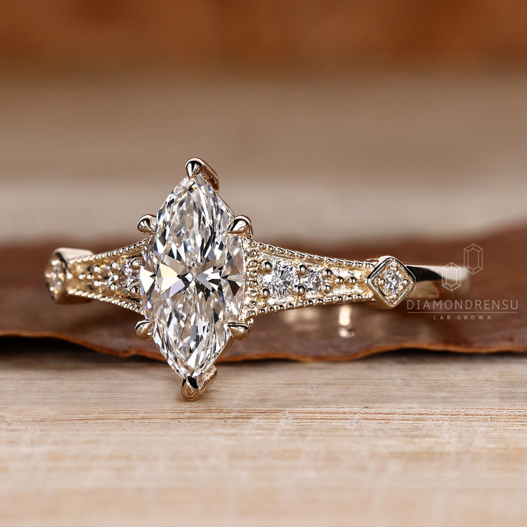 Lab grown marquise diamond ring vintage style.
