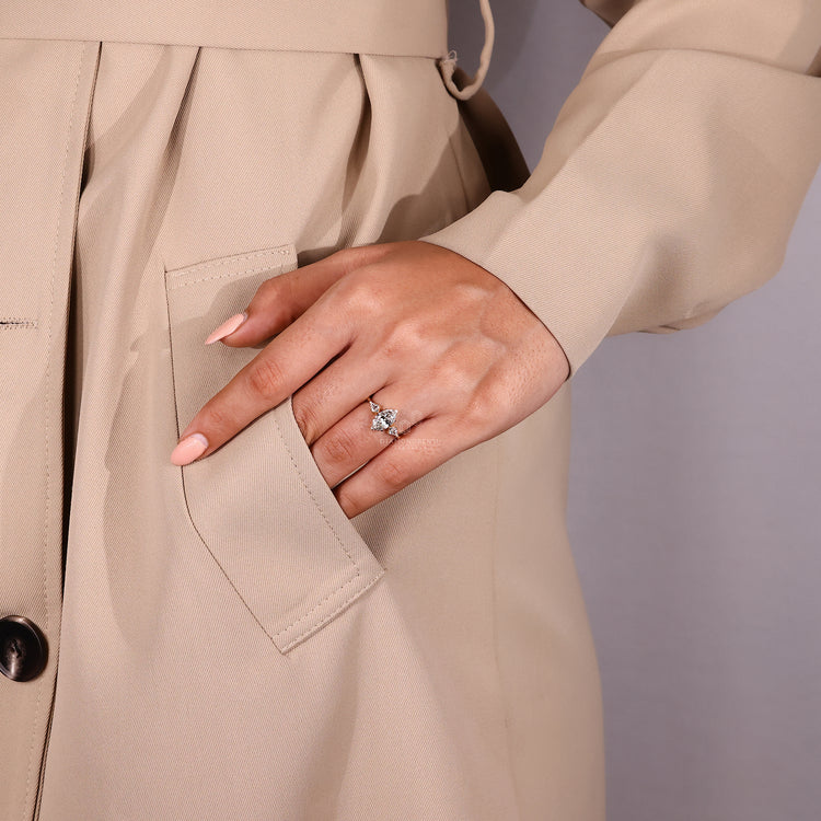 Lab grown diamond three stone ring with kite cuts.

