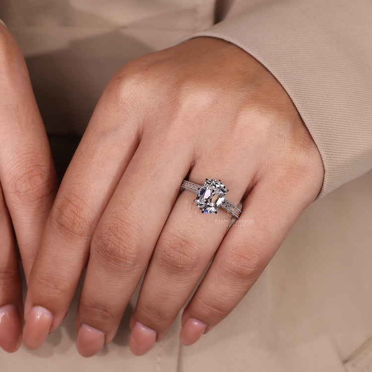 Vintage solitaire Cushion Old Mine Cut Ring design.
