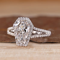 Lab grown coffin diamond ring halo setting.