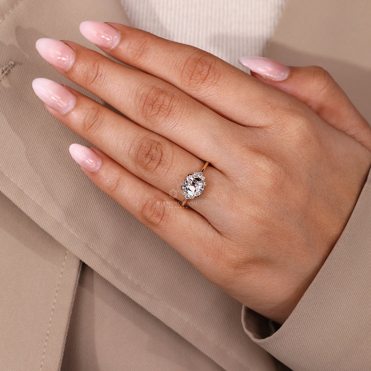 Lab Grown Cushion Old European Cut Ring elegant seven stone.
