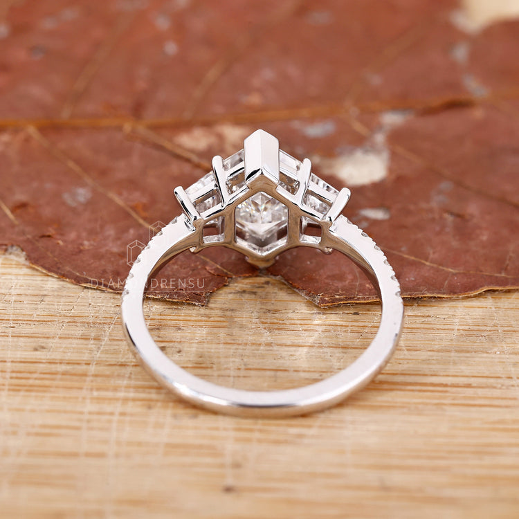 Lab grown diamond ring hexagon centre three stone style