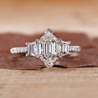 Handmade hexagon step cut diamond ring three stone design
