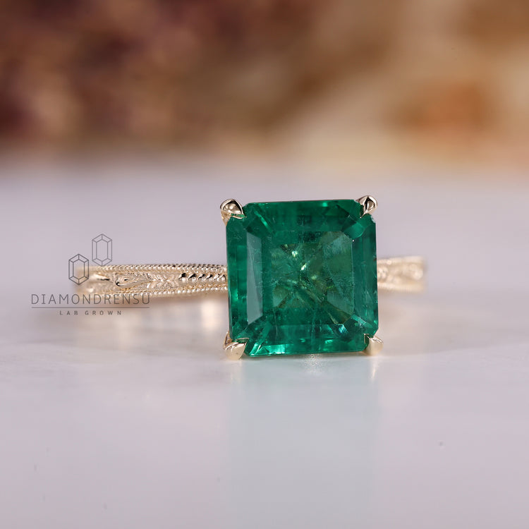 Handmade Asscher emerald ring art deco milgrain set.
