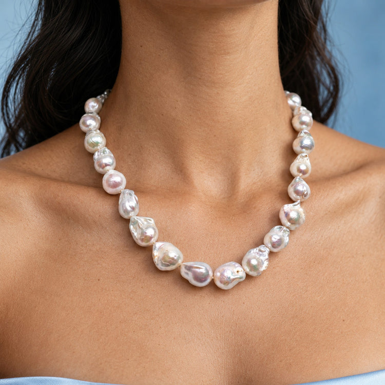 13.5-15.5mm White Baroque Freshwater Pearl Necklace 46cm - Sterling Silver