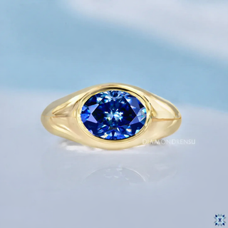 Oval Blue Moissanite East-West Domed Signet Ring 1.20 CT