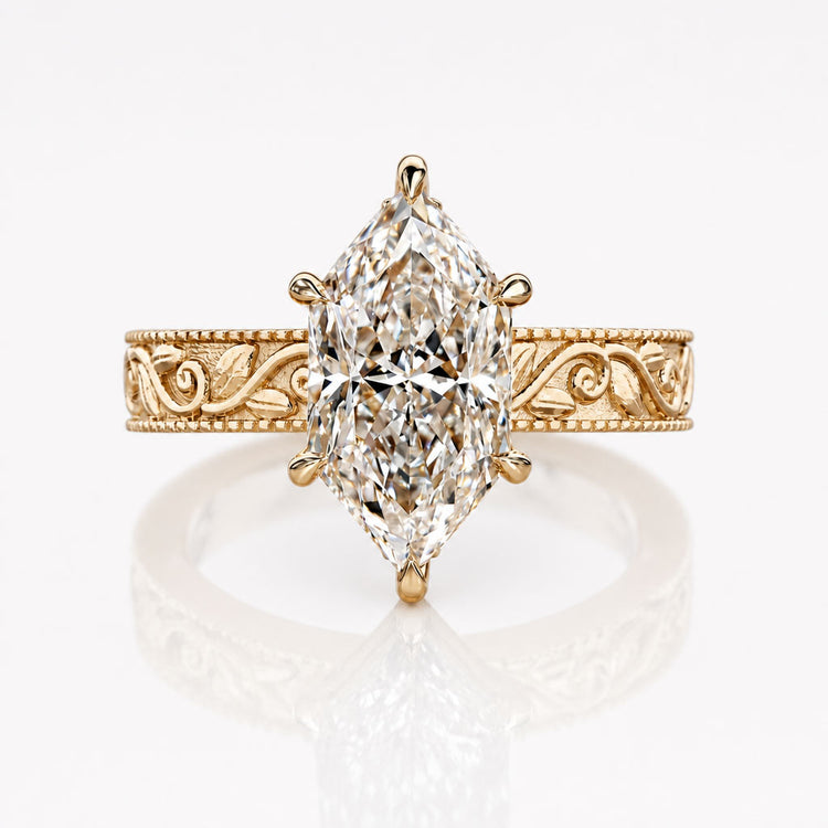 Dutch Marquise Lab Grown Diamond Vintage Ring 3 CT, 18k Yellow Gold - Size M