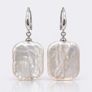 15mm+ White Rectangle, Flat Baroque Freshwater Pearl Hook Earrings - Sterling Silver