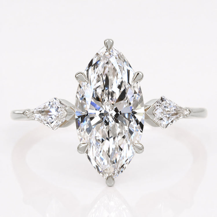 1.50 CT Three Stone Marquise Ring with Side Kite Cut Diamonds - 18k White Gold - Size N