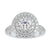 Classic pave engagement ring with a double halo and round diamond centerpiece.