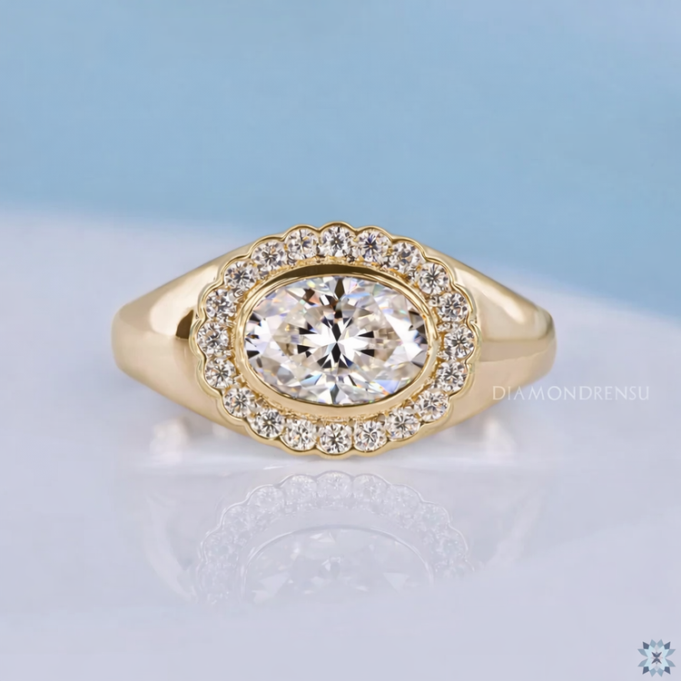 Oval Halo East West Moissanite Signet Ring 0.87 CT