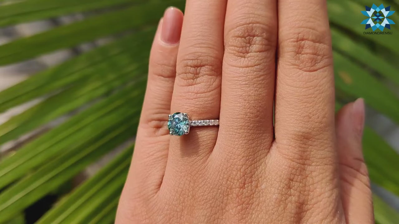 1.25 CT Round Brilliant Cut Cyan Blue Moissanite Ring, Pave Engagement Ring
