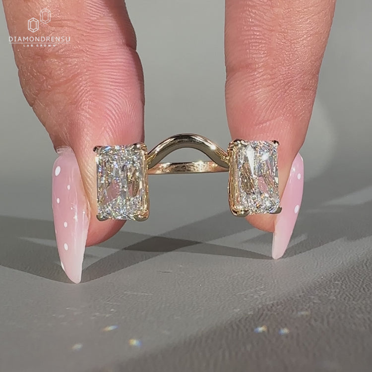 Handmade stackable two stone radiant diamond ring.
